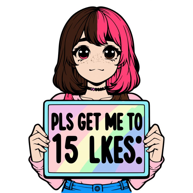 realistic girl holding up a sign that says “pls get me to 15 likes!”