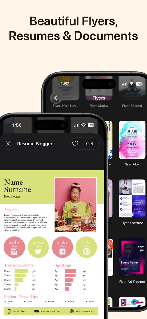 Toolbox for Pages: Templates - Plantillas profesionales de currículums y folletos mostradas en pantallas de iPhone en la aplicación Toolbox for Pages.
