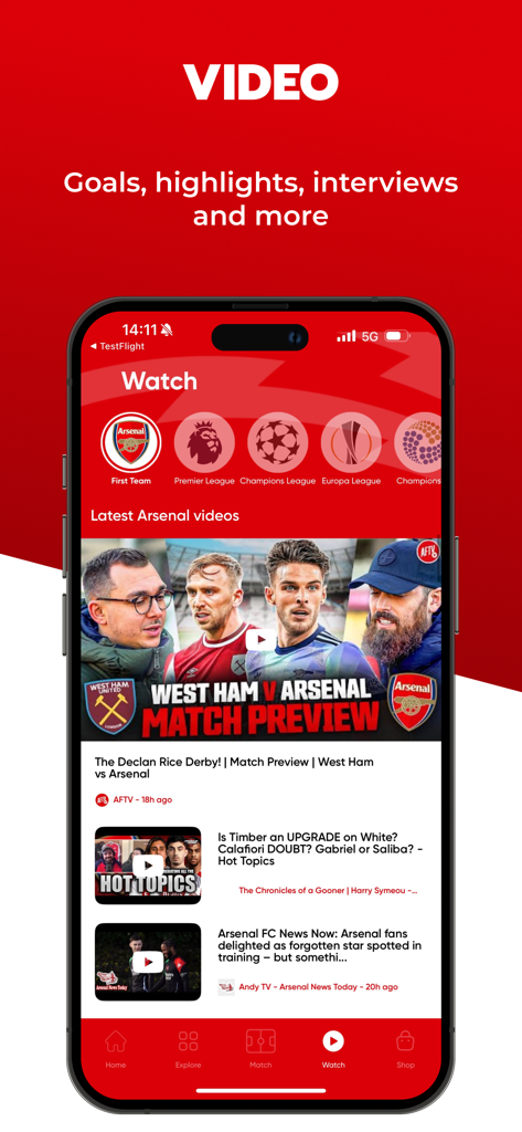 Gunners - Live Scores & News - Gunners app Watch screen with Arsenal video highlights and match previews