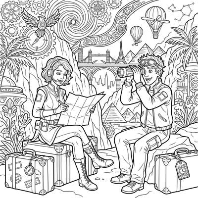 Join two intrepid temporal agents as they embark on an incredible vacation across time and space in this captivating coloring page. Filled with iconic landmarks and fantastical elements, it promises hours of creative exploration.