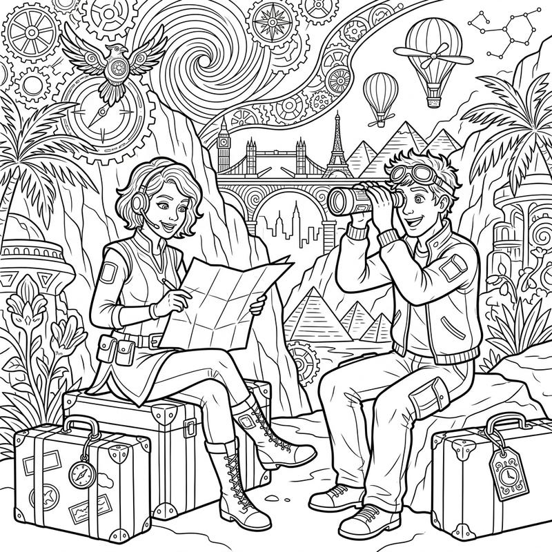 Join two intrepid temporal agents as they embark on an incredible vacation across time and space in this captivating coloring page. Filled with iconic landmarks and fantastical elements, it promises hours of creative exploration.
