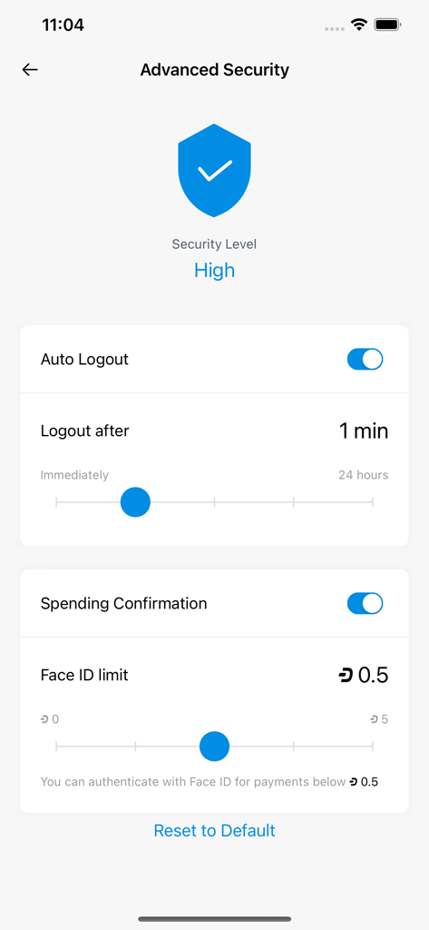 Tela de configurações avançadas de segurança do Dash Wallet mostrando o temporizador de logout automático e o limite do Face ID para pagamentos.