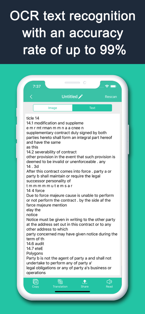 OmnScanner - PDF Scanner App - Mobile app screen showing high accuracy OCR text recognition of a scanned contract.