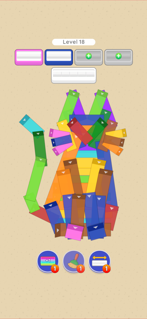 Untape - A puzzle level in Untape where colorful tapes are arranged in the shape of a cat.