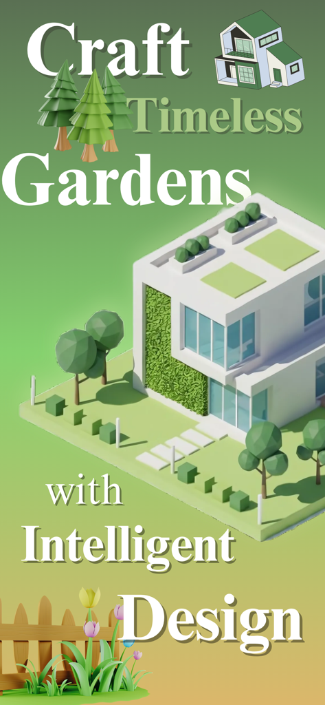 3D isometric illustration of a modern white house with a landscaped garden used for AI Garden Design Pro 3D promotional material