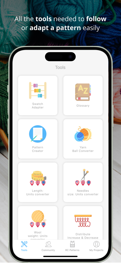 My Row Counter, Knit & Crochet - Interface of the My Row Counter app displaying various knitting and crochet utility tools like swatch adapter pattern creator and unit converters