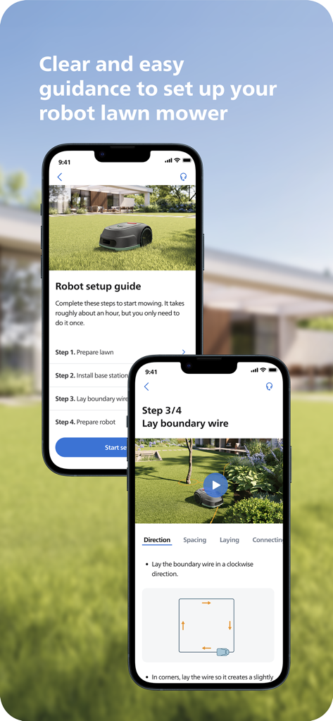 Philips HomeRun Robot App - Smartphone screens displaying a step by step setup guide for a robot lawn mower on the Philips HomeRun app