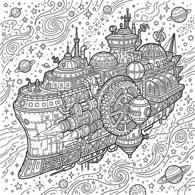 Dive into an extraordinary world where Victorian ingenuity meets cosmic exploration with this stunning steampunk generation ship coloring page. Discover intricate details and mechanical marvels ready for your creative touch.