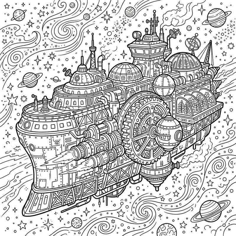 Dive into an extraordinary world where Victorian ingenuity meets cosmic exploration with this stunning steampunk generation ship coloring page. Discover intricate details and mechanical marvels ready for your creative touch.