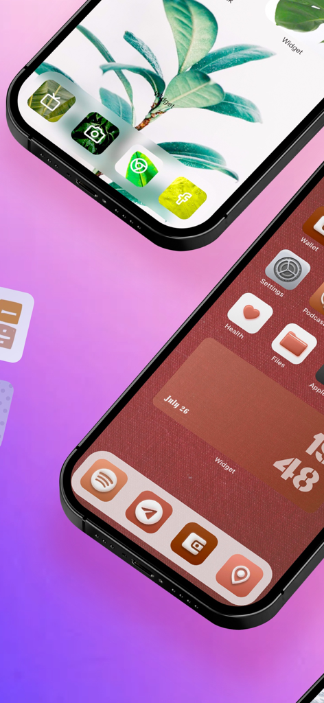 Two iPhones displaying customized aesthetic home screen themes with matching widgets and icons