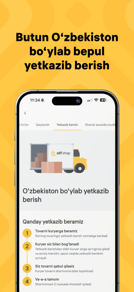 Alif Shop: Маркетплейс техники - Alif Shop App-Screenshot, der den kostenlosen Lieferprozess innerhalb Usbekistans erklärt