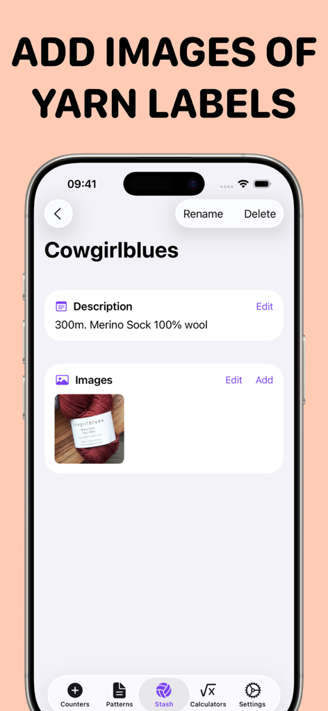 Crochet Row Counter: Ares - Una pantalla que muestra la gestión de reserva de hilo con fotos de etiquetas y descripciones en la aplicación Ares.