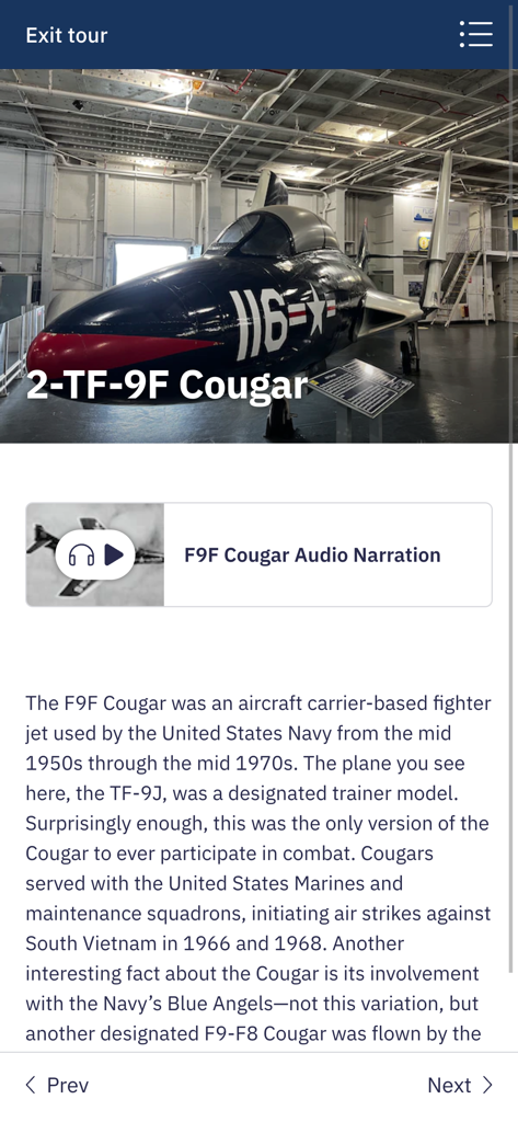 Patriots Point Experience - 오디오 내레이션이 포함된 F9F 쿠거 항공기 전시를 위한 애국자 포인트 체험 앱 디스플레이