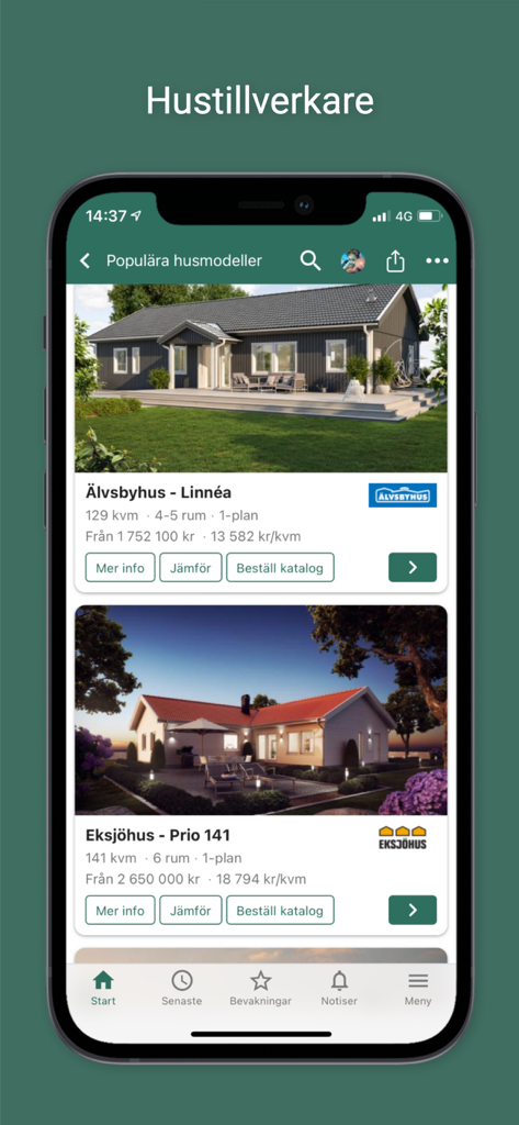 Byggahus.se - Interfaz de la aplicación móvil Byggahus que muestra modelos de casas populares con fotos, precios y detalles del fabricante
