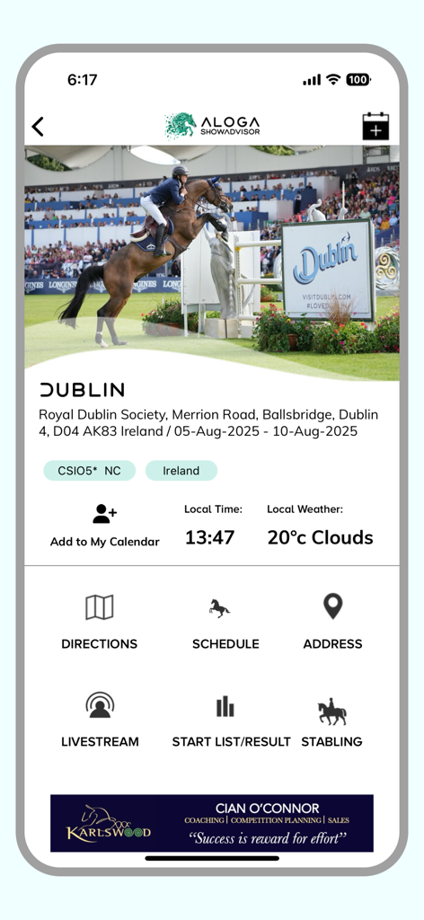 Aloga Showadvisor - Aloga Showadvisor app interface showing details for a horse show in Dublin including schedule and livestream options