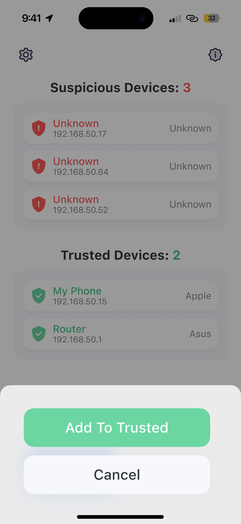 WiFi Network Scanner, Analyzer - Interfaz de aplicación móvil que muestra dispositivos sospechosos y de confianza en un escaneo de red WiFi