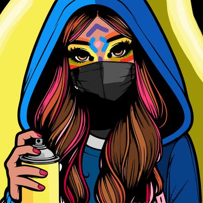 girl wearing a mask with long hair with her hood up spray-painting realistic