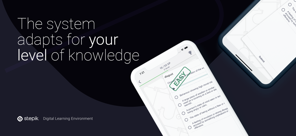 Interface d'apprentissage adaptatif sur l'application mobile Stepik montrant une question à choix multiples avec un tampon d'évaluation facile.