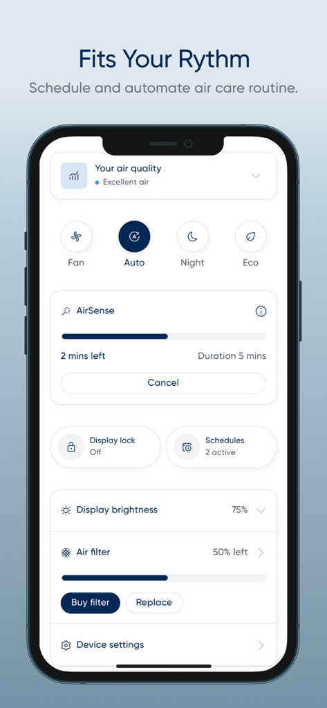 Blueair mobile app dashboard showing air quality status, automated schedules, and filter life tracking.