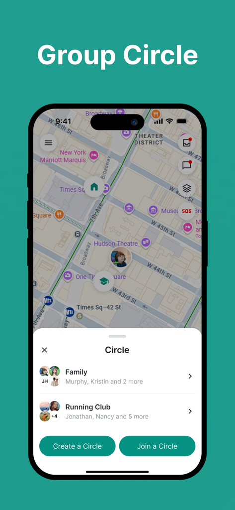 Fime: Phone Tracker GPS Locate - Fime app interface showing private group circles for family and friends on a real time GPS map