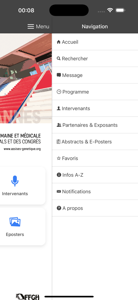 Assises de Génétique - Navigation menu of the Assises de Génétique medical congress app featuring links to the program speakers and exhibitors.