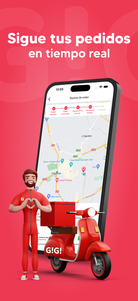GiGi Food: Super, Comida Y Más - Gigi Food mobile app screen showing real time order tracking on a map with a 3D delivery character and scooter