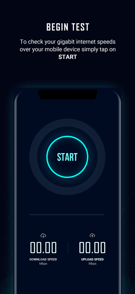Tela inicial do aplicativo FiberTest com um grande botão de início para teste de velocidade de internet gigabit e espaços reservados para métricas de velocidade