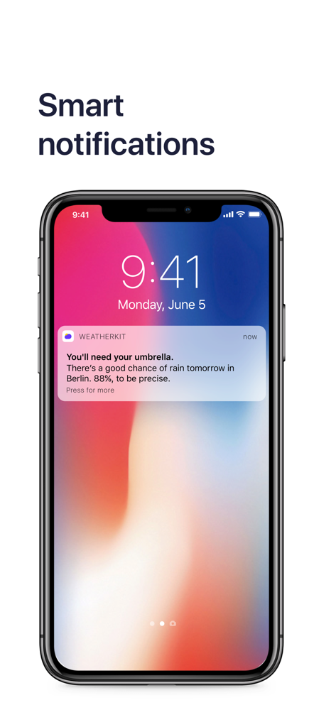 WeatherKit -Live Weather Radar - iPhone lock screen showing a WeatherKit smart rain notification advising to take an umbrella
