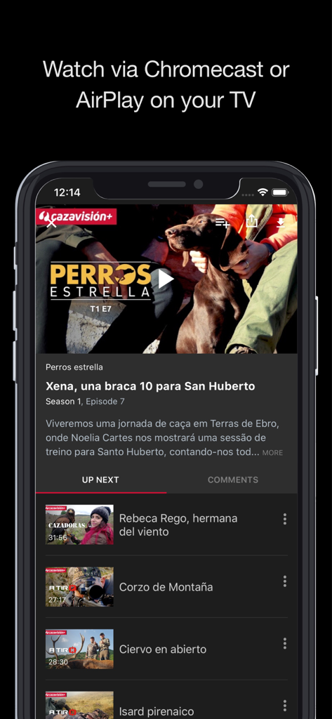 Interfaz de la app móvil Cazavisión+ mostrando documentales de caza y opciones de transmisión AirPlay.