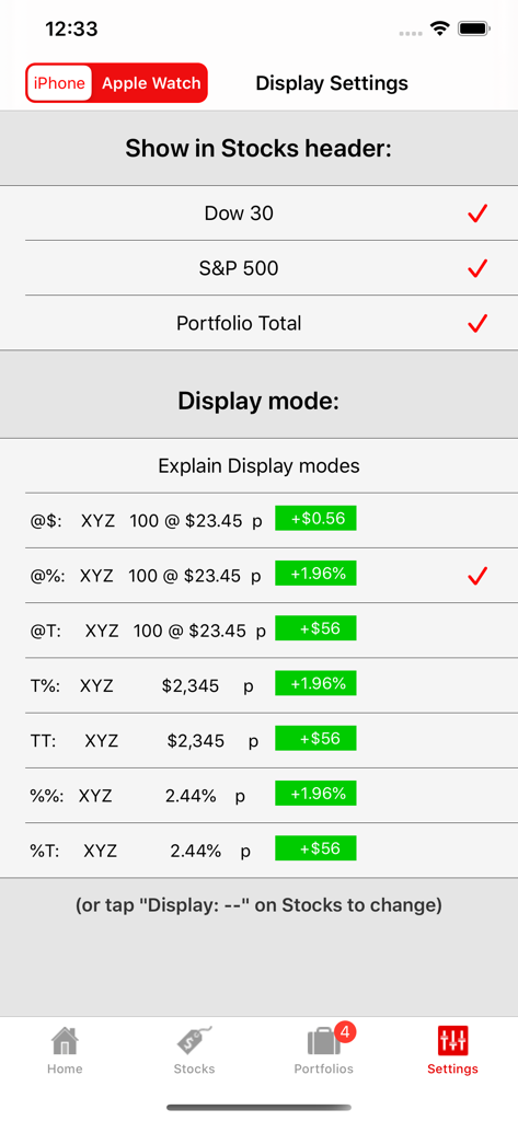 Watch My Stocks - The display settings menu showing options for the stock header and various display modes for portfolios.
