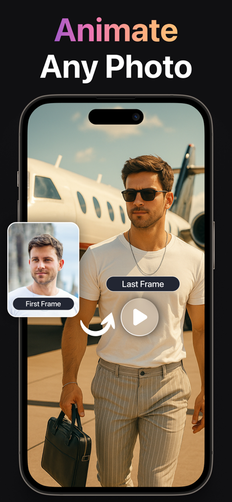 AI Video Generator + Creator - Smartphone screen showing AI tool to animate a photo of a man near a jet