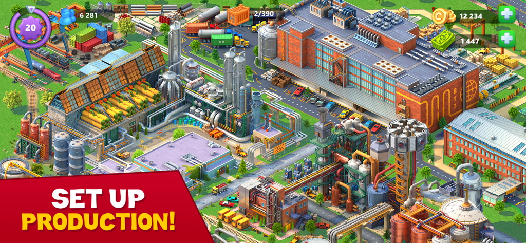 Global City: Building games - High-tech industrial complex in Global City with factories, refineries, and logistics infrastructure