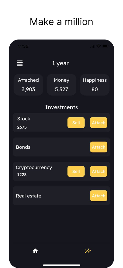 CashFlow Game - Dashboard mobile del Gioco CashFlow che mostra opzioni di investimento per azioni e criptovalute.
