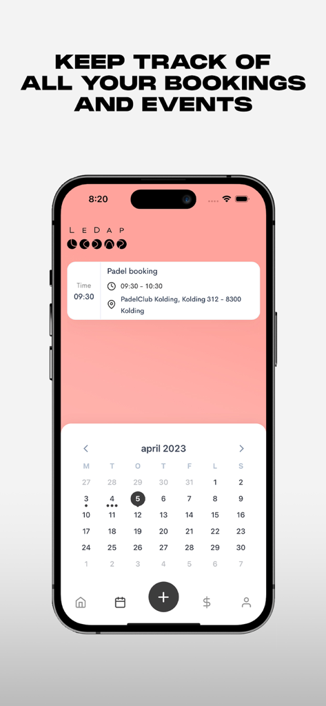Bookli - Écran de l'application Bookli montrant une réservation de terrain de padel et une vue du calendrier mensuel