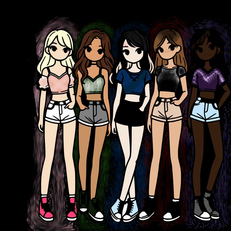 a group of girls wearing crop tops and shorts