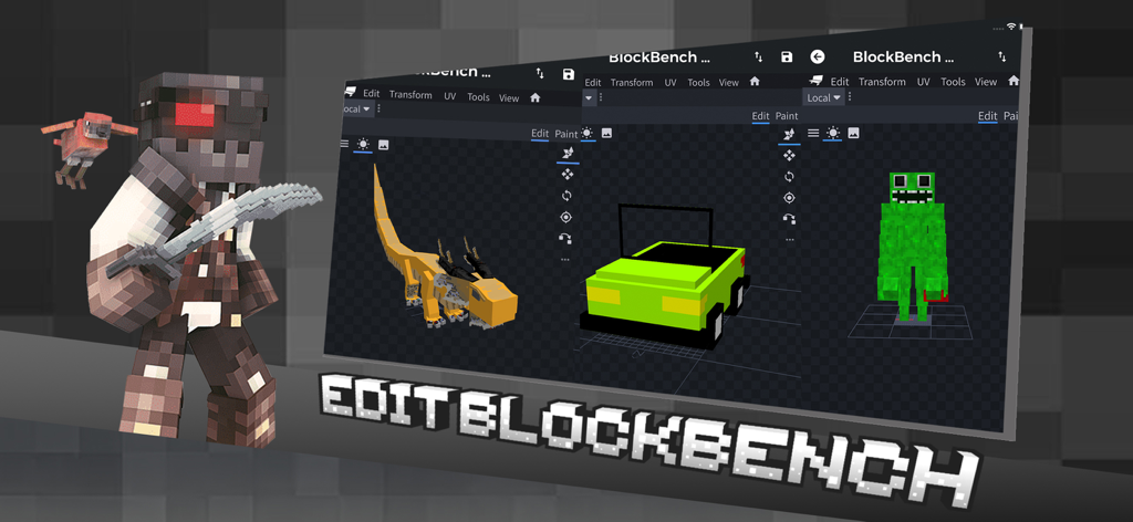 Interface of the MCPE Model Maker app showing the Blockbench 3D editor with various Minecraft models including a car and a dinosaur
