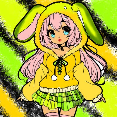 pretty anime girl wearing a fluffy hoodie with bunny ears on the hood and a skirt