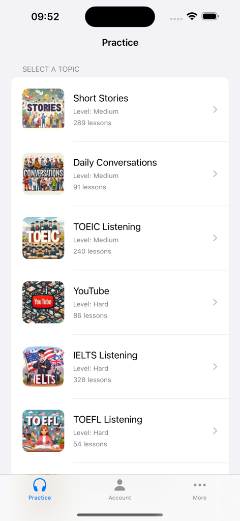 Daily Dictation Englishアプリの練習画面。Short Stories、Daily Conversations、TOEIC、IELTS、TOEFLの試験準備などのカテゴリが表示されています。