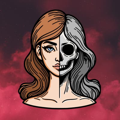 bust of a woman, half face and hair, half skull