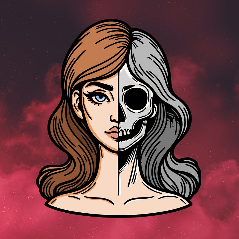 bust of a woman, half face and hair, half skull