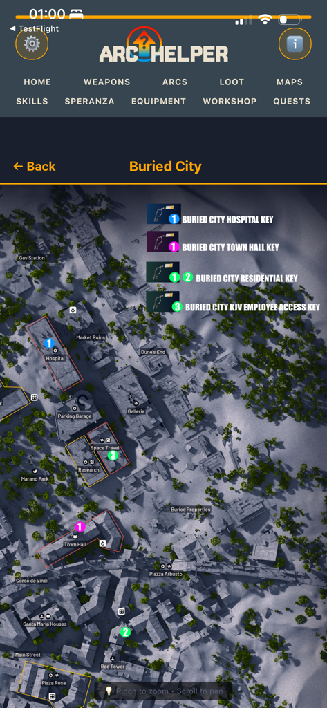 Arc Helper - Mapa táctico de la Ciudad Enterrada en Arc Helper mostrando ubicaciones y puntos de referencia clave.