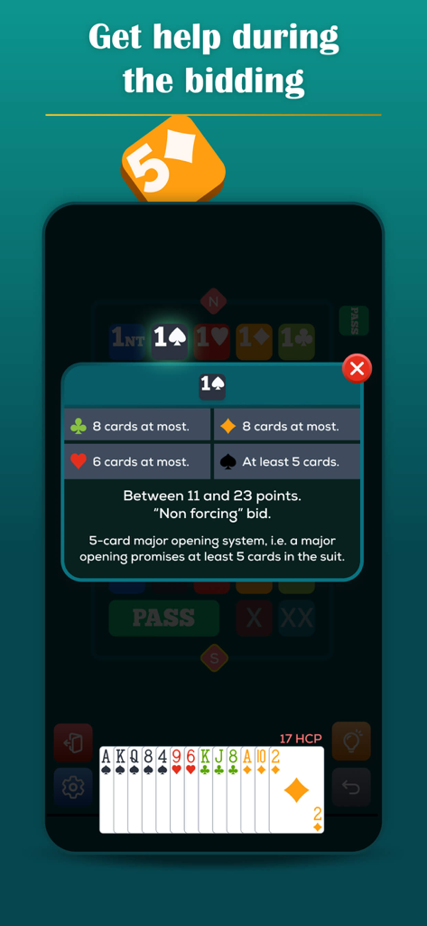 Play Bridge: Offline Card Game - Una pantalla de aplicación móvil que muestra ayuda para la declaración de bridge en una oferta de un trébol usando el sistema de mayores de cinco cartas.