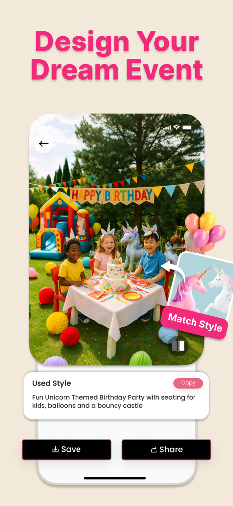 AI Event Planner~Party Design - AI Event Planner app displaying a unicorn themed outdoor birthday party visualization with kids and decorations
