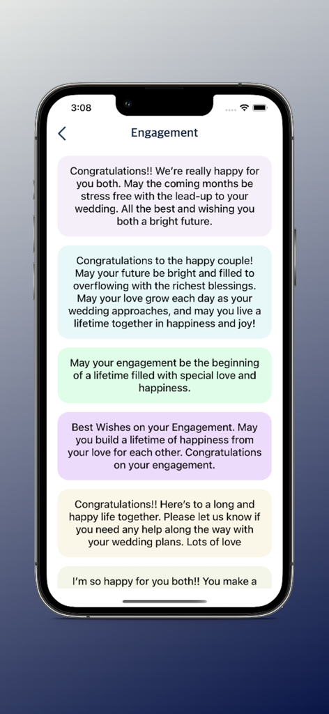 Quotes Maker Photo Editor App - A collection of engagement congratulation quotes displayed on colorful cards within the Quotes Maker app interface.