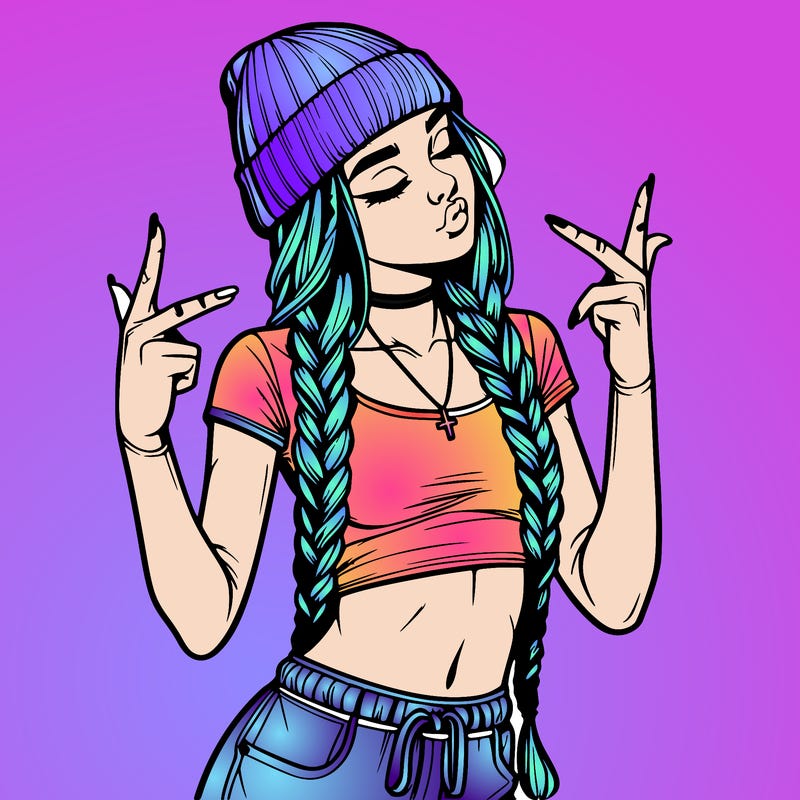 realistic teenage girl with braids and a beanie and crop top doing 🫶🏼