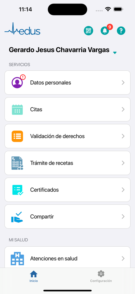 EDUS - Menú principal de la aplicación de salud EDUS que muestra los servicios para pacientes y registros de salud