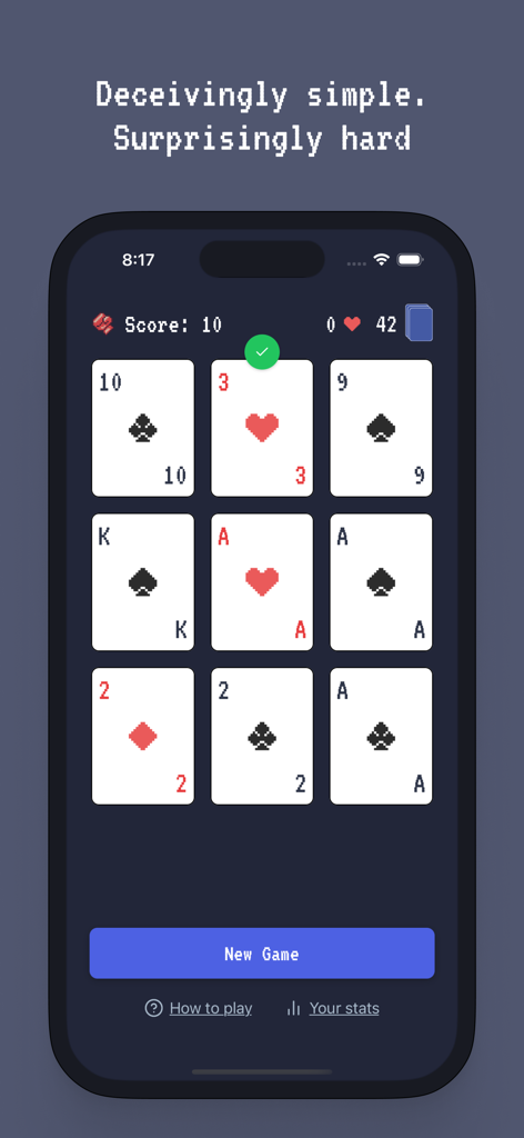 Beat the Box – card game - Mobile screen showing the minimalist card game interface of Beat the Box with a three by three grid of playing cards and a new game button