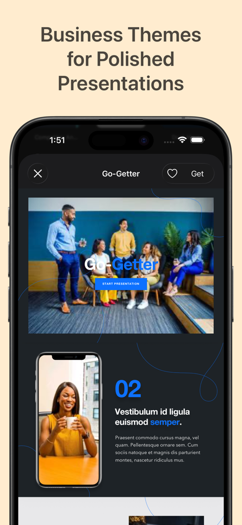Interfaz de la aplicación Toolbox para Google Slides que muestra temas de presentación de negocios profesionales y diseños de diapositivas