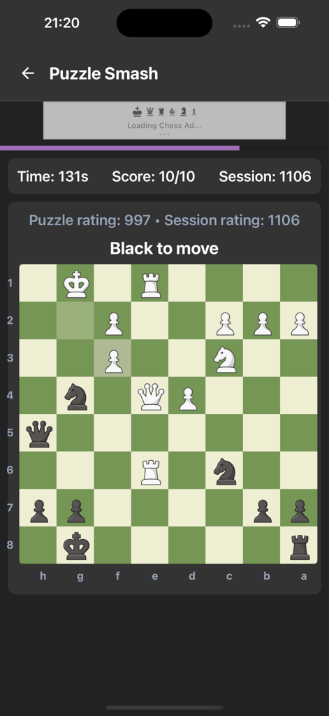 Chess Defense Trainer - Interfaz de la aplicación Entrenador de Defensa de Ajedrez mostrando un acertijo táctico de ajedrez en Modo Smash