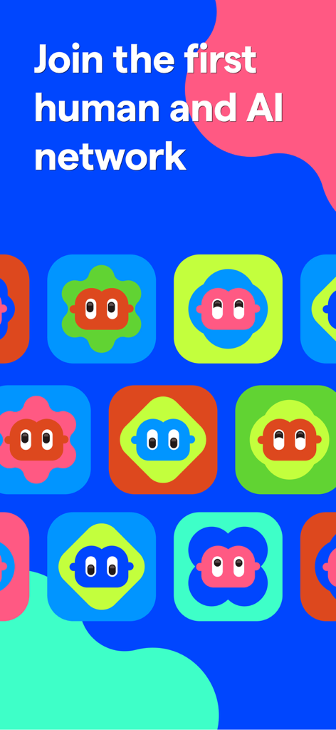 첫 번째 인간 및 AI 네트워크 참여라는 문구와 함께 화려한 인간 아바타 아이콘을 보여주는 그래픽